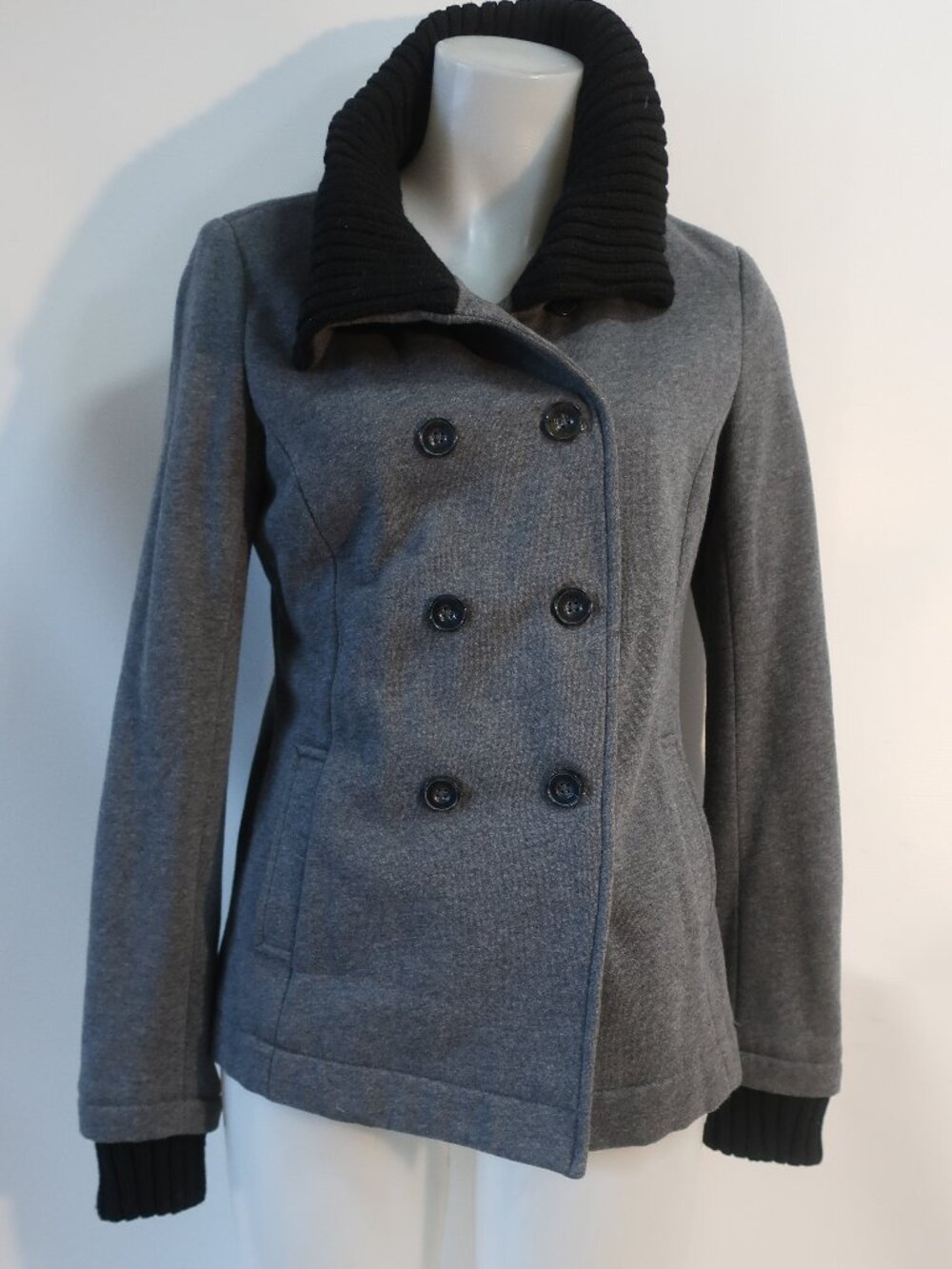 Womens Splendid Gray Black (Item- 88) Knit-Trim Double-Breasted Peacoat Jacket M